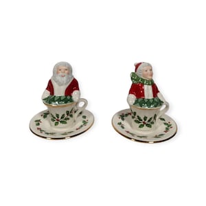 Lenox Santa and Mrs Claus Salt & Pepper Shakers Christmas Holly Berry Teacups