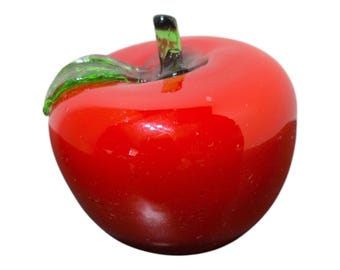 Vintage Red Blown Glass Apple | MCM Art Glass Fruit with Green Leaf | Nonna Holiday Kitchen Decor | Supper Club Centerpiece | Handcrafted