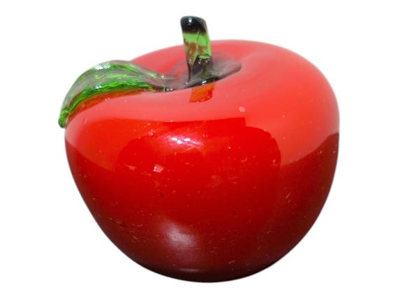 Vintage Red Blown Glass Apple | MCM Art Glass Fruit with Green Leaf | Nonna Holiday Kitchen Decor | Supper Club Centerpiece | Handcrafted