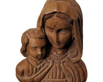 Vintage Hand Carved Olive Wood Mary and Child Figure