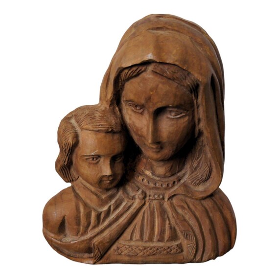 Vtg .Hand Carved Virgin Mary and Baby Jesus Bust Olive Wood