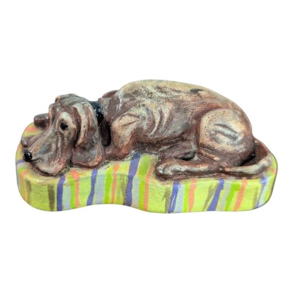 Vintage Chalkware Sleeping Bloodhound Dog Figurine - 1940s-50s Carnival Prize - Hand Painted Mid Century Kitsch - Retro Basset Hound Decor