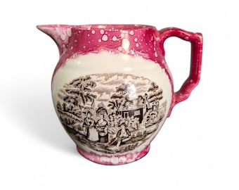 Vintage Old Castle England The Old Mill Pink Lustre Pitcher - English Transferware Creamer - Pink Sponge Ware Ceramic Milk Jug