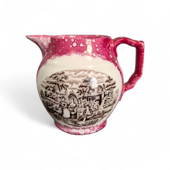 Vintage Old Castle England The Old Mill Pink Lustre Pitcher - English Transferware Creamer - Pink Sponge Ware Ceramic Milk Jug