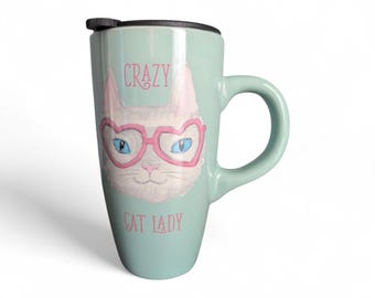 Crazy Cat Lady Travel Mug, Sheffield Home Mint Green Ceramic Cup with Lid, Heart Glasses Cat Mom Gift