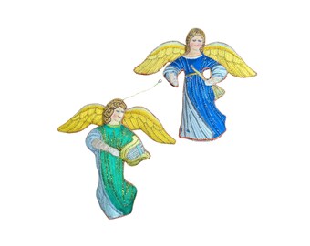 Vintage Quilted Angel Ornaments, Metallic Gold Wings, Set of 2