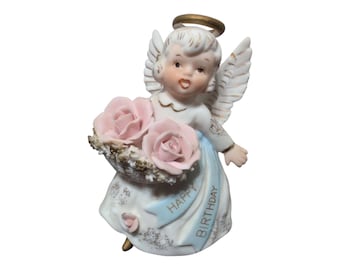Vintage Lefton Birthday Angel Figurine: White Dress, Pink Roses