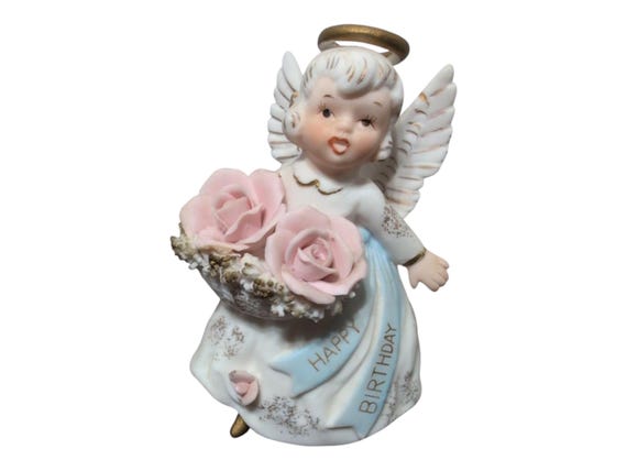 Vintage Lefton Birthday Angel Figurine: White Dress, Pink Roses