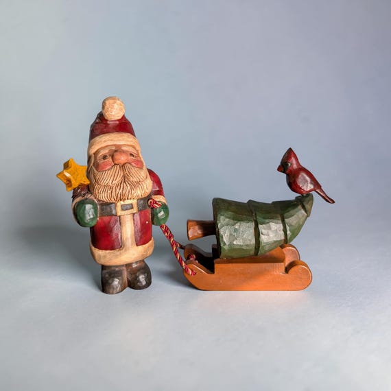 OOAK Hand Carved Wood Primitive Santa with Sled - Artist Signed Folk Art - Rustic Father Christmas Figure - Cardinal