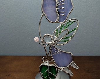 Stained Glass Fairy Votive Holder - Lavender & Emerald Art Glass Garden Sculpture - Whimsical Fairy Home Decor - Unique Fantasy