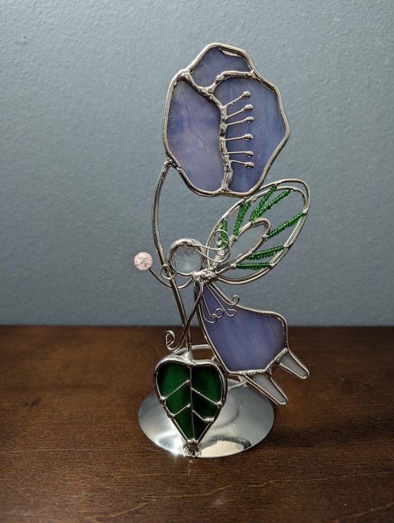 Stained Glass Fairy Votive Holder - Lavender & Emerald Art Glass Garden Sculpture - Whimsical Fairy Home Decor - Unique Fantasy
