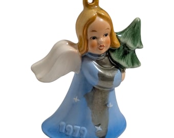 Vintage 1979 Goebel Angel Ornament 2nd Edition | West Germany Blue Angel with Christmas Tree | Retro 70s Holiday Decor