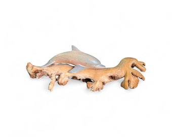 Hand-Carved Wooden Dolphin on Natural Driftwood