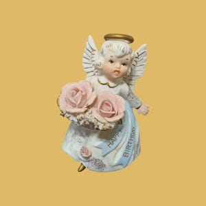 Lefton Angel Figurine-Happy Birthday Angel Figurine-Charming Birthday Angel Figurine in White Dress with Pink Roses- Lefton Figurine