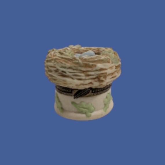 Vintage 1999 Marjolein Bastin Bird Nest Trinket Box - "Love Begins With Mother" Hallmark Porcelain Hinged Keepsake - Robin Eggs Gift for Mom