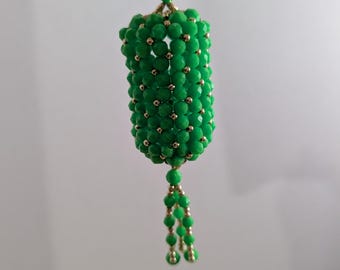 Vintage Beaded Christmas Chandelier Ornament - Green & Gold Sparkling Decor