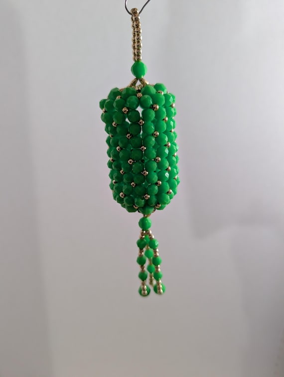 Vintage Beaded Christmas Chandelier Ornament - Green & Gold Sparkling Decor