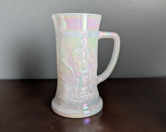 Mid Century Federal Glass Moon Glow Iridescent Tavern Scene Stein Tankard Milk Glass Beer Mug White Luster Vintage