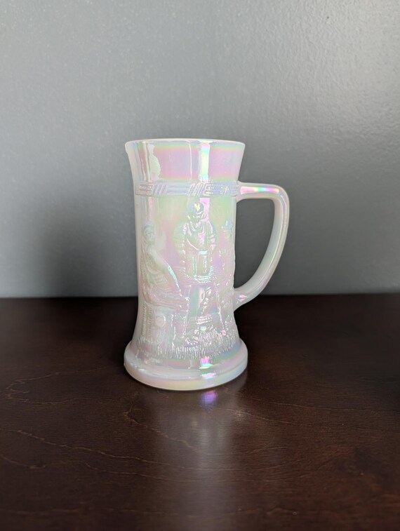 Mid Century Federal Glass Moon Glow Iridescent Tavern Scene Stein Tankard Milk Glass Beer Mug White Luster Vintage