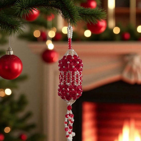 Vintage Beaded Christmas Chandelier Ornament: Sparkling Red & White