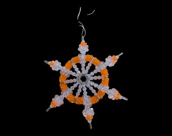 Vintage Safety Pin Snowflake Ornament/ Large Orange & Clear Beaded Ornament
