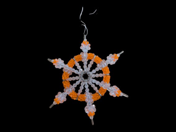 Vintage Safety Pin Snowflake Ornament/ Large Orange & Clear Beaded Ornament