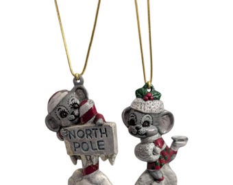 Vintage Hand-Painted Ceramic Mouse Ornaments (Set of 2) – Ice Skating & North Pole Sign – Retro Christmas Tree Decor