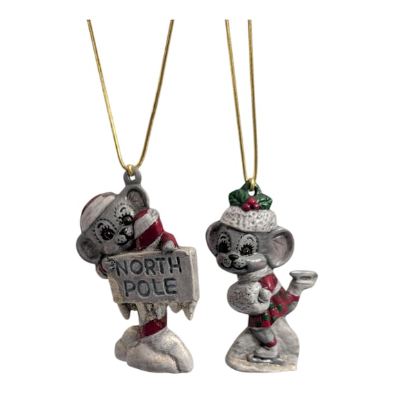 Vintage Hand-Painted Ceramic Mouse Ornaments (Set of 2) – Ice Skating & North Pole Sign – Retro Christmas Tree Decor