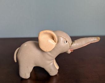 Vintage TOMI Leather Elephant Figurine | 1960s Japanese Design | Mid-Century Modern Leather Animal Sculpture with Glass Eyes | Japan Decor