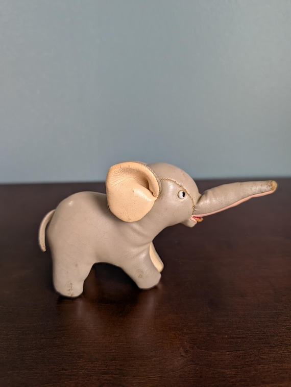 Vintage TOMI Leather Elephant Figurine | 1960s Japanese Design | Mid-Century Modern Leather Animal Sculpture with Glass Eyes | Japan Decor