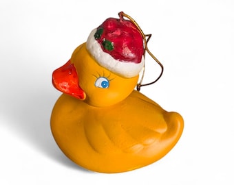 Vintage Hand-Painted Ceramic Rubber Ducky Christmas Ornament – Retro Santa Hat Duckling – Mid-Century Holiday Decor