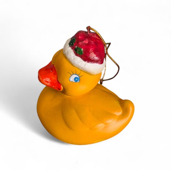 Vintage Hand-Painted Ceramic Rubber Ducky Christmas Ornament – Retro Santa Hat Duckling – Mid-Century Holiday Decor