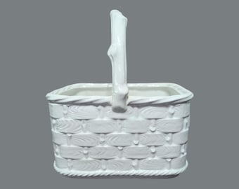 Vintage Italian Ceramic Basket: White Woven Faux Bois Decor
