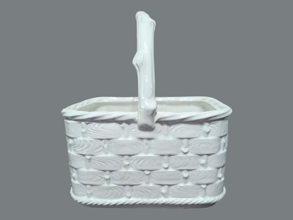 Vintage Italian Ceramic Basket: White Woven Faux Bois Decor