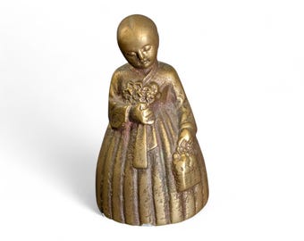 Vintage Brass Lady Bell Mid Century Figurine Girl with Flowers and Braid Solid Brass 1950s