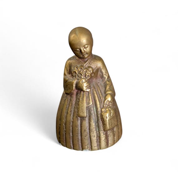 Vintage Brass Lady Bell Mid Century Figurine Girl with Flowers and Braid Solid Brass 1950s