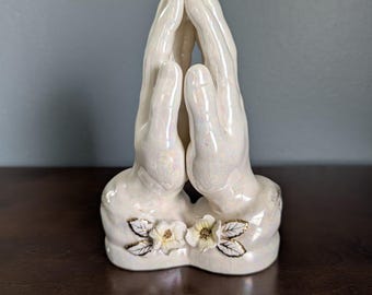 Vintage Norcrest Praying Hands Figurine Iridescent Golden Dogwood Ceramic Sculpture