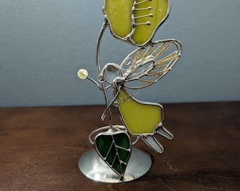 Vintage Stained Glass Fairy Candle Holder - 7" Tall Green & Yellow Art Glass Pixie Votive - Whimsical Cottagecore Decor - Beaded Wing Fairy