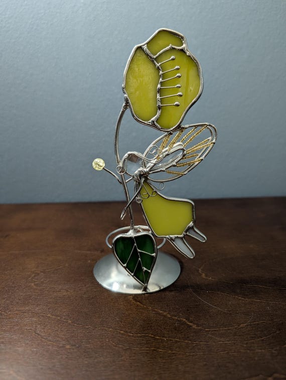 Vintage Stained Glass Fairy Candle Holder - 7" Tall Green & Yellow Art Glass Pixie Votive - Whimsical Cottagecore Decor - Beaded Wing Fairy