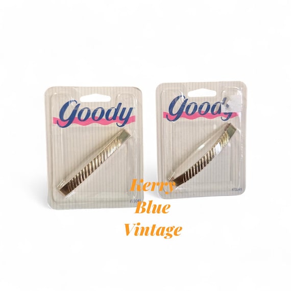 Vintage Goody Stay-Tight Barrette Deadstock, Gold Tone Ribbed Metal Hair Clip, Original 1990s Packaging, Retro Hair Accessories Set of 2
