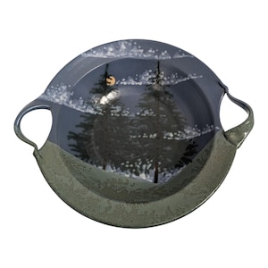 Jonathan Kesler Earthly Arts Large Studio Pottery Bowl - Signed 2001 - Hand-Thrown Twilight Pine Forest & Moon Scene with Handles
