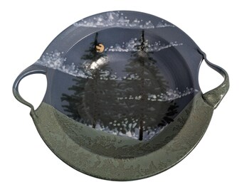 Jonathan Kesler Earthly Arts Large Studio Pottery Bowl - Signed 2001 - Hand-Thrown Twilight Pine Forest & Moon Scene with Handles