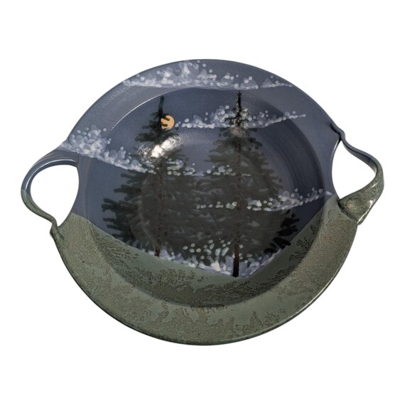 Jonathan Kesler Earthly Arts Large Studio Pottery Bowl - Signed 2001 - Hand-Thrown Twilight Pine Forest & Moon Scene with Handles