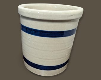 Vintage Stoneware Beater Jar: Blue Striped Rustic Kitchen Decor