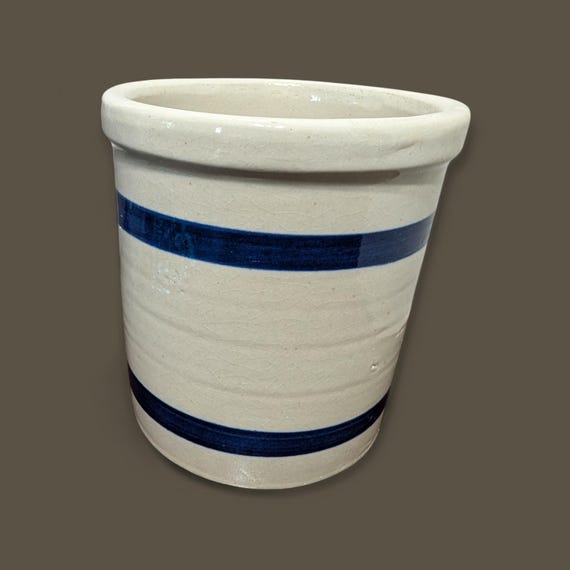 Vintage Stoneware Beater Jar: Blue Striped Rustic Kitchen Decor