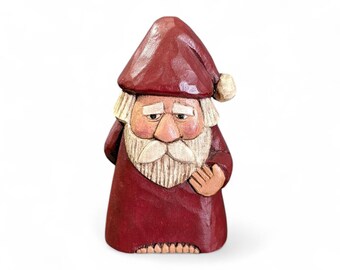 Hand Carved Naughty Santa Figurine 1994 Artist Signed MRE | Vintage Primitive Folk Art Christmas Decor | Mooning St. Nick Wood Carving