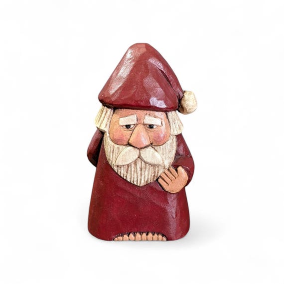 Hand Carved Naughty Santa Figurine 1994 Artist Signed MRE | Vintage Primitive Folk Art Christmas Decor | Mooning St. Nick Wood Carving