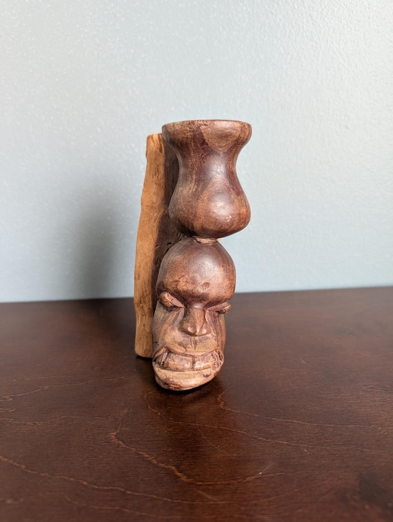 Vintage African Hand Carved Wood Bust – Mid Century Modern Tribal Folk Art