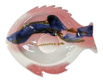 Vintage Studio Art Pottery Fish Bowl: Pink & Blue Trinket Dish