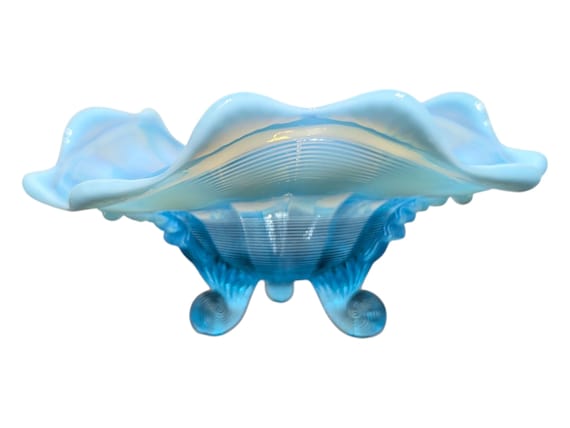 Vintage Northwood Klondyke Blue Opalescent Glass - Fluted Scroll Footed Compote -EAPG Candy Dish-Card Holder